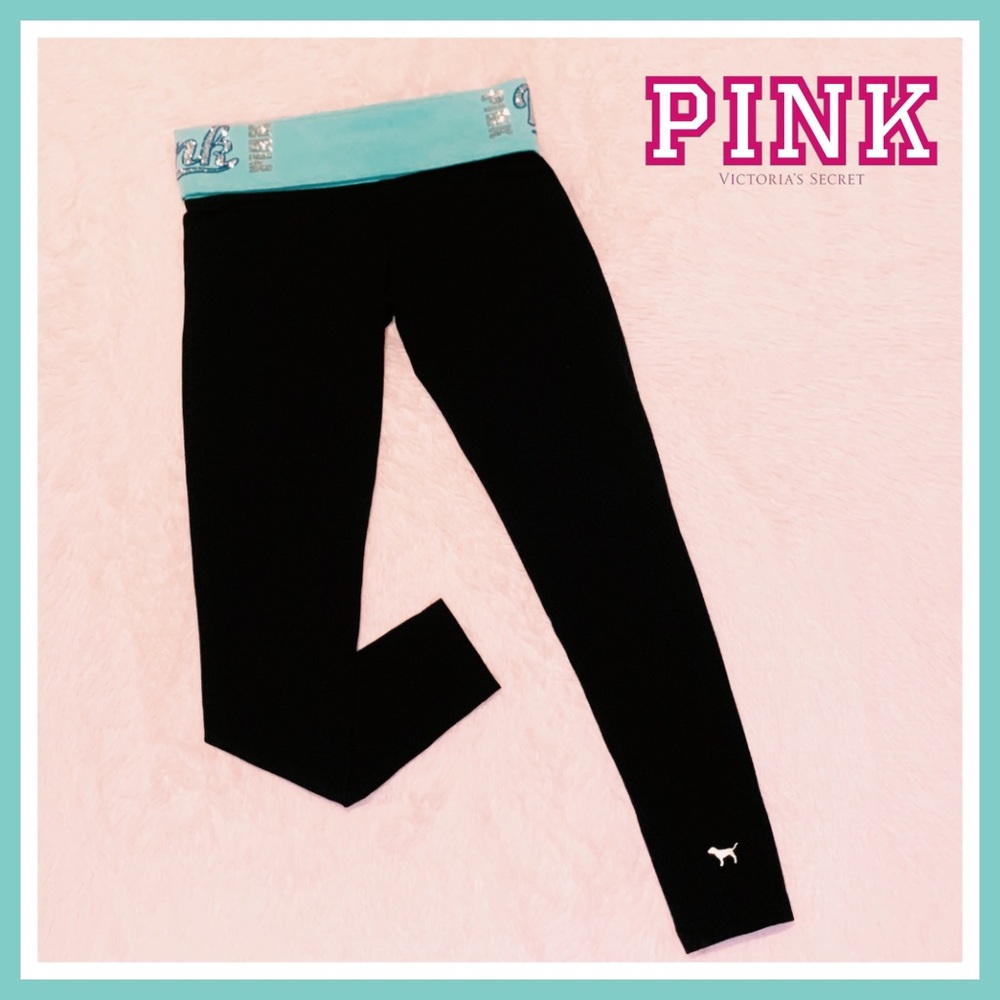 Victoria’s Secret Pink Bling Sequin Black Aqua Turquoise Yoga Leggings Tights - Picture 1 of 15